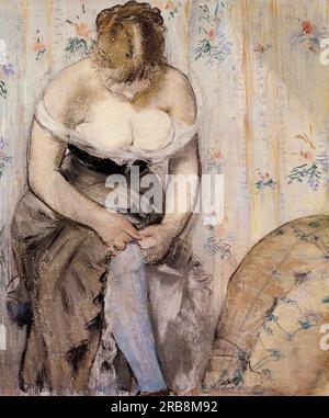 Frau, die ihren Strumpfhalter anzieht 1878; Paris, Frankreich, von Edouard Manet Stockfoto