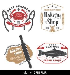 Set mit Badges für Bäckerei und Meeresfrüchte. Vektor. Für Emblem, Schild, Flicken, Hemd, Speisekarte Restaurants mit Walznadel, Windmühle, Weizenohren, Thunfisch, Forelle, Garnelen Stock Vektor