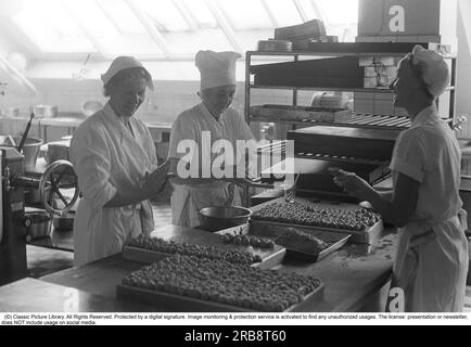 Das NK-Kaufhaus in Stockholm 1954. Hier ist ein Bild aus der Küche des Kaufhauses, wo sie für ihre Mitarbeiter kochen. Heute stehen Fleischbällchen auf der Speisekarte, 8.000 Stücke sollen zubereitet werden, und es scheint gut zu laufen, und drei helfen sich gegenseitig bei der monotonen Arbeit, die Fleischbällchen auf die gleiche Größe zu Formen. Schweden 1954. Kristoffersson Ref. 2A-33 Stockfoto