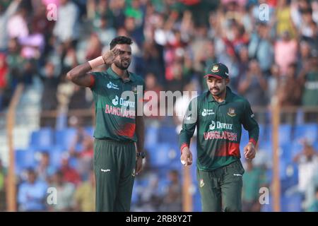 Ebadot Hossain feiert nach einem Wicket beim zweiten ODI-Spiel (Bangladesch-Afghanistan Second One Day International) von drei Spielserien im Stockfoto