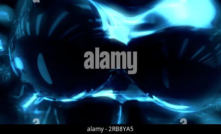 Elektroblau glänzende pelluzide flüssige Metasphären auf Schwarz - abstraktes 3D-Rendering Stockfoto