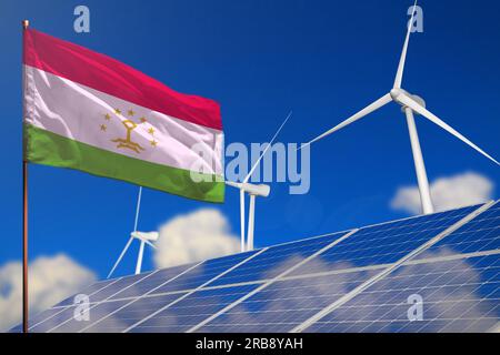 Tadschikistan - Konzept für erneuerbare Energie, Wind- und Solarenergie mit Windturbinen und Solarpaneelen - Alternative Energie - Industrielle Illustration, 3D illu Stockfoto