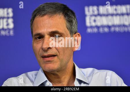 Aix En Provence, Frankreich. 08. Juli 2023. Rodolphe Saadé ist am 08. Juli 2023 während der Rencontres Economiques d'Aix-en-Provence 2023 in Frankreich zu sehen. Foto: Laurent Coust/ABACAPRESS.COM. Kredit: Abaca Press/Alamy Live News Stockfoto