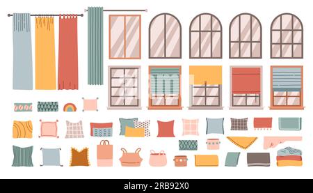 Heim Textil Set Kissen, Vorhänge, Bezüge. Satz farbiger Innenelemente. Inneneinrichtung. Flaches Textil. Stock Vektor