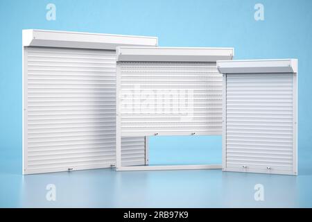 Fensterläden unterschiedlicher Größe auf blauem Hintergrund. 3D Abbildung Stockfoto