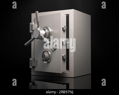 Öffnen Sie den Tresor auf schwarzem Hintergrund. Sicherheit und Schutz. 3D Abbildung Stockfoto