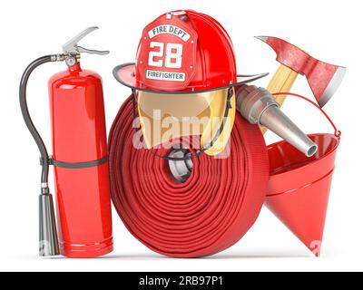 Ausrüstung und Werkzeuge für Feuerwehrleute. Feuerwehrschlauch, Feuerhelm, Feuerlöscher und Axt, Symbole für den Beruf der Feuerwehr. 3D Abbildung Stockfoto