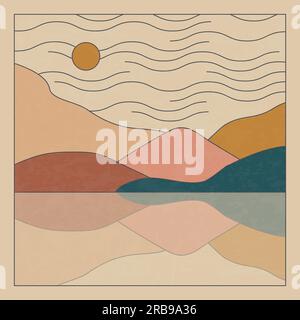 Minimalistische Landschaft mit See- und Bergmotiv. Abstrakter Sonnenuntergang Stock Vektor
