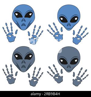 Farbige Illustration mit Alien-Gesicht und Händen. Isoliertes Vektorobjekt auf weißem Hintergrund. Stock Vektor