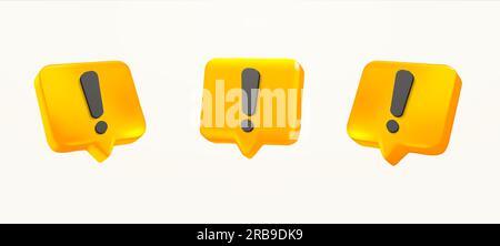 3D gelbe oder goldene Symbole mit Ausrufezeichen, isoliert auf dem Hintergrund. Objekt für soziales Netzwerk, Website, Banner, bemerkt, Aufmerksamkeit, Warnung, Gefahr. 3D-Vektordarstellung. Vektordarstellung Stock Vektor