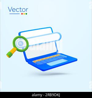 3D-Laptop, Suchfeld, Lupe, isoliert im Hintergrund. Bannervorlage für Online-Suche, SEO, Suchmaschinenoptimierung, Website, Landing-Page. 3D-Vektordarstellung. Vektordarstellung Stock Vektor