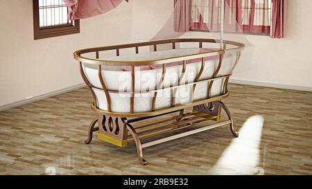 Classic Style Kinderbett steht in der Mitte des Raumes. 3D-Darstellung. Stockfoto