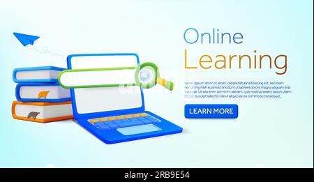 3D Bücher mit Laptop, Suchkästchen, Lupe, isoliert im Hintergrund. Bannervorlage für Online-Lernen, Fernstudium, Recherche, Bibliothek, Wörterbuch, Abschluss. 3D-Vektordarstellung. Vektordarstellung Stock Vektor
