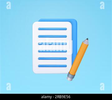3D Dokumente, Briefe, Notizen oder Verträge mit Bleistift, isoliert auf Hintergrund. Designkonzept für Lernen, Banner studieren, Rezensieren, Unterschreiben. 3D-Vektordarstellung. Vektordarstellung Stock Vektor