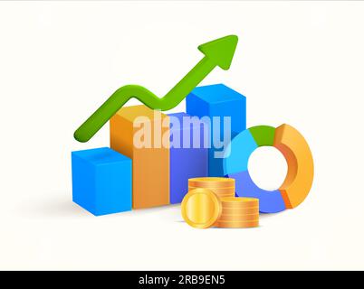 3D-Balkendiagramm, Liniendiagramm mit Pfeil, Kreis- oder Raddiagramm, Stapel von Münzen, isoliert auf weißem Hintergrund. Bannerkonzept für Umsatz, profitables Geschäft, Finanzen, Investitionen. 3D-Vektordarstellung. Vektordarstellung Stock Vektor