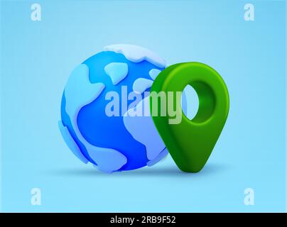 3D Erde oder Globus mit grünen Kartenmarkierungen oder Positionsanzeigesymbolen, isoliert im Hintergrund. Konzept für Reisen, Auslandsreisen, Satelliten, Standort, Transport, Lieferung, Logistik. 3D-Vektordarstellung. Vektordarstellung Stock Vektor
