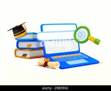 3D Bücher und Abschlussmütze, Laptop, Diplom, Suche, Lupe, Isoliert im Hintergrund. Bannervorlage für Online-Lernen, Fernstudium, Recherche, Bibliothek, Hochschulabschluss. 3D-Vektordarstellung. Vektordarstellung Stock Vektor