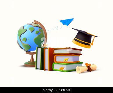 3D Bücher und Abschlussmütze, Taschenrechner, Diplom, Erde, Papierflugzeug, Isoliert im Hintergrund. Bannervorlage für Schulbeginn, neues Semester, Klasse, Kurs, Bibliothek. 3D-Vektordarstellung. Vektordarstellung Stock Vektor