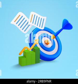 3D wachsende Balkenzeichen, Liniendiagramm mit Pfeil, Zielscheibe für Zielscheibe mit Ausschnitt, Dokumente, isoliert auf weißem Hintergrund. Bannerkonzept für angestrebten Umsatz, profitables Geschäft, Investitionen. 3D-Vektordarstellung. Vektordarstellung Stock Vektor