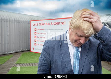 Boris Johnson bekämpft sich für die Abreise während der Kampagne zum Brexit-Referendum mit dem Slogan Take back control . Stockfoto