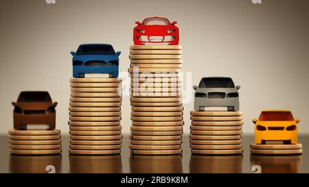 Farbiges auto Silhouetten stehen auf gold coin Stacks. 3D-Darstellung. Stockfoto