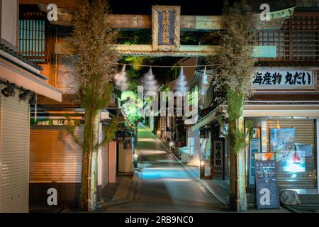 Dieses Torii-Tor ist das erste wichtige Wahrzeichen, das Sie sehen, wenn Sie sich der engen Gasse mit Geschäften nähern, die zu den großen Treppen führen Stockfoto
