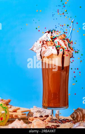 Eiskaffee mit Schlagsahne, Schokoladensoße und fliegenden Zuckerstreuern auf Sand, Muscheln, Eiskrem, blauer Hintergrund Stockfoto