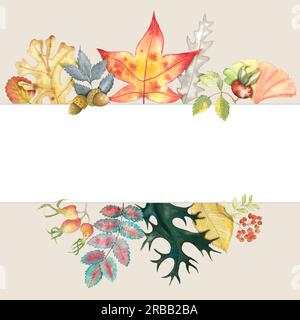 Herbstblätter Aquarell Grußkarte, Rahmen, Banner mit Eiche, Ahorn, Rosehip, aschenbeere, Rowan, sorb, Wildasche, Eichel, Aspen, Ulme, ginko Stockfoto