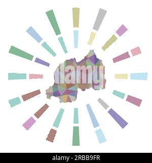 Die Sonne in Ruanda ist geplatzt. Niedergestreifte Rochen und Landkarte. Wunderschöne Vektordarstellung. Stock Vektor