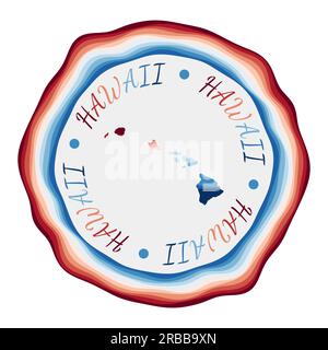 Hawaii-Emblem. Karte der Insel mit wunderschönen geometrischen Wellen und leuchtendem rot-blauem Rahmen. Lebendiges, rundes Hawaii-Logo. Vektorabbildung. Stock Vektor