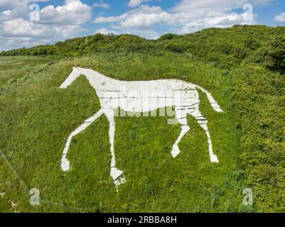 Blick aus der Vogelperspektive auf Litlington White Horse, eine Kreidefigur, die ein Pferd darstellt, befindet sich auf Hindover Hill, Hindover Hill, Litlington, East Sussex Stockfoto