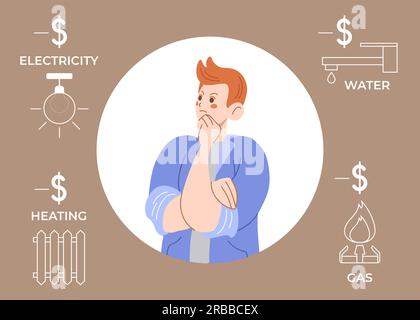Ein Mann, der über die Bezahlung von Versorgungsleistungen nachdenkt. Männlicher Charakter mit Geldproblemen. Der Typ hat Probleme mit der Bezahlung von Rechnungen. Vektordarstellung von los Stock Vektor