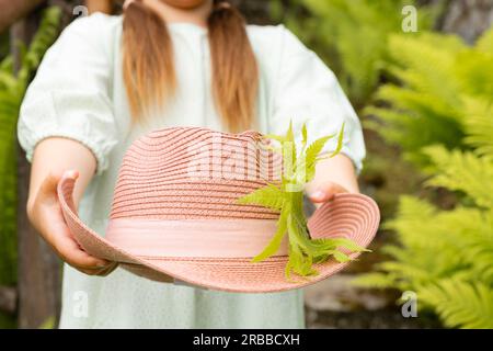 Ein Mädchen mit Zöpfen in einem romantischen Kleid hält einen rosa Hut in den Händen vor dem Hintergrund von Farnsträuchern Stockfoto