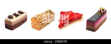 Set von verschiedenen leckeren Kuchen auf weißem Hintergrund Stockfoto