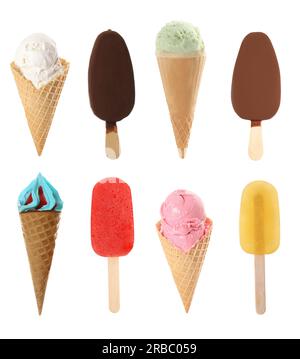 Verschiedene leckere Eiscreme auf weißem Hintergrund Stockfoto