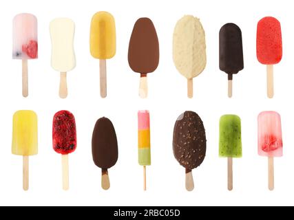 Verschiedene leckere Eiscreme auf weißem Hintergrund Stockfoto