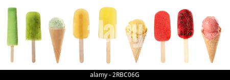 Verschiedene leckere Eiscreme auf weißem Hintergrund Stockfoto