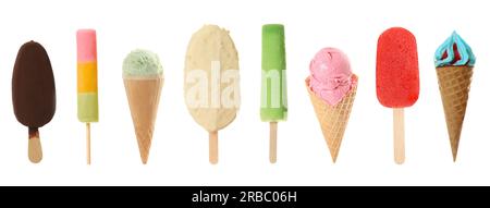 Verschiedene leckere Eiscreme auf weißem Hintergrund Stockfoto