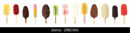 Verschiedene leckere Eiscreme auf weißem Hintergrund Stockfoto