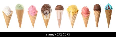 Verschiedene leckere Eiscreme auf weißem Hintergrund Stockfoto