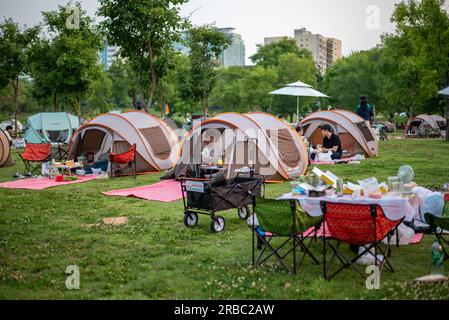 Picknick-Besucher im Yeouido-Park am Han River in Seoul, Südkorea, am 24. Juni 2023 Stockfoto