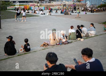 Picknick-Besucher im Yeouido-Park am Han River in Seoul, Südkorea, am 24. Juni 2023 Stockfoto