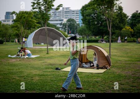 Picknick-Besucher im Yeouido-Park am Han River in Seoul, Südkorea, am 24. Juni 2023 Stockfoto