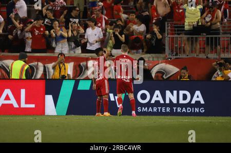 New Jersey, Harrison, USA. 8. Juli 2023. (SPO) 2023 MLS Normalsaison: NY Red Bulls vs New England Revolution. 08. Juli 2023. Harrison, New Jersey, USA: Frankie Amaya von New York Red Bulls feiert sein Tor während des Fußballspiels gegen die New England Revolution, das für die Major League Soccer (MLS) East Conference am Samstag (08) in der Red Bull Arena in Harrisonn gilt. Kredit: Leco Viana/Thenews2 (Kredit: © Leco Viana/TheNEWS2 via ZUMA Press Wire) NUR REDAKTIONELLE VERWENDUNG! Nicht für den kommerziellen GEBRAUCH! Stockfoto