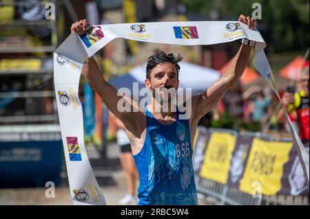 Canillo, Andorra. 8. Juli 2023. Adria Puig Martinez Sieger in der Kategorie Frauen beim Olympus Race Hindernisrennen 2023 in Andorra. Kani Stockfoto