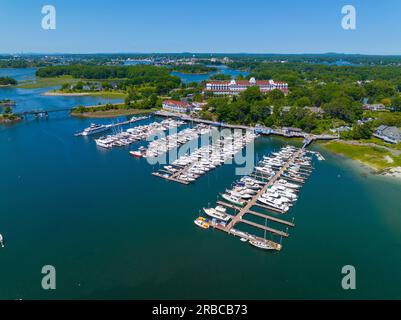 Wentworth by the Sea: Luftaufnahme an der Mündung des Piscataqua River in New Castle, New Hampshire, NH, USA. Das historische Grand Hotel stammt aus dem Jahre vergoldet Stockfoto