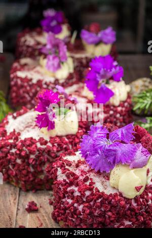 Mini-Himbeer-Käsekuchen mit violetten Blumen. Stockfoto