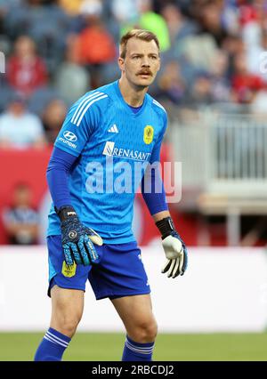 Chicago, USA, 08. Juli 2023. Major League Soccer (MLS) Nashville SC Torwart Joe Willis wartet auf einen Eckstoß des Chicago Fire FC im Soldier Field in Chicago, IL, USA. Kredit: Tony Gadomski / All Sport Imaging / Alamy Live News Stockfoto