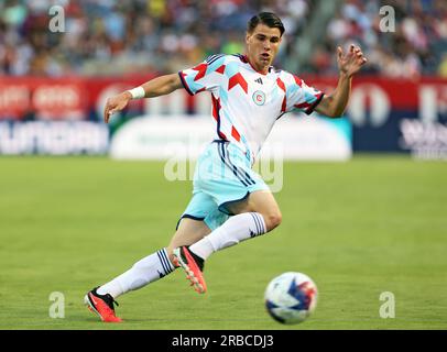 Chicago, USA, 08. Juli 2023. Georgios Koutsias vom Chicago Fire FC von Major League Soccer (MLS) verfolgt den Ball gegen Nashville SC auf dem Soldier Field in Chicago, IL, USA. Kredit: Tony Gadomski / All Sport Imaging / Alamy Live News Stockfoto