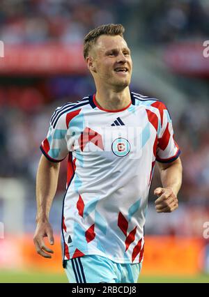 Chicago, USA, 08. Juli 2023. Fabian Herbers vom Chicago Fire FC von Major League Soccer (MLS) feiert sein Tor gegen Nashville SC auf dem Soldier Field in Chicago, IL, USA. Kredit: Tony Gadomski / All Sport Imaging / Alamy Live News Stockfoto